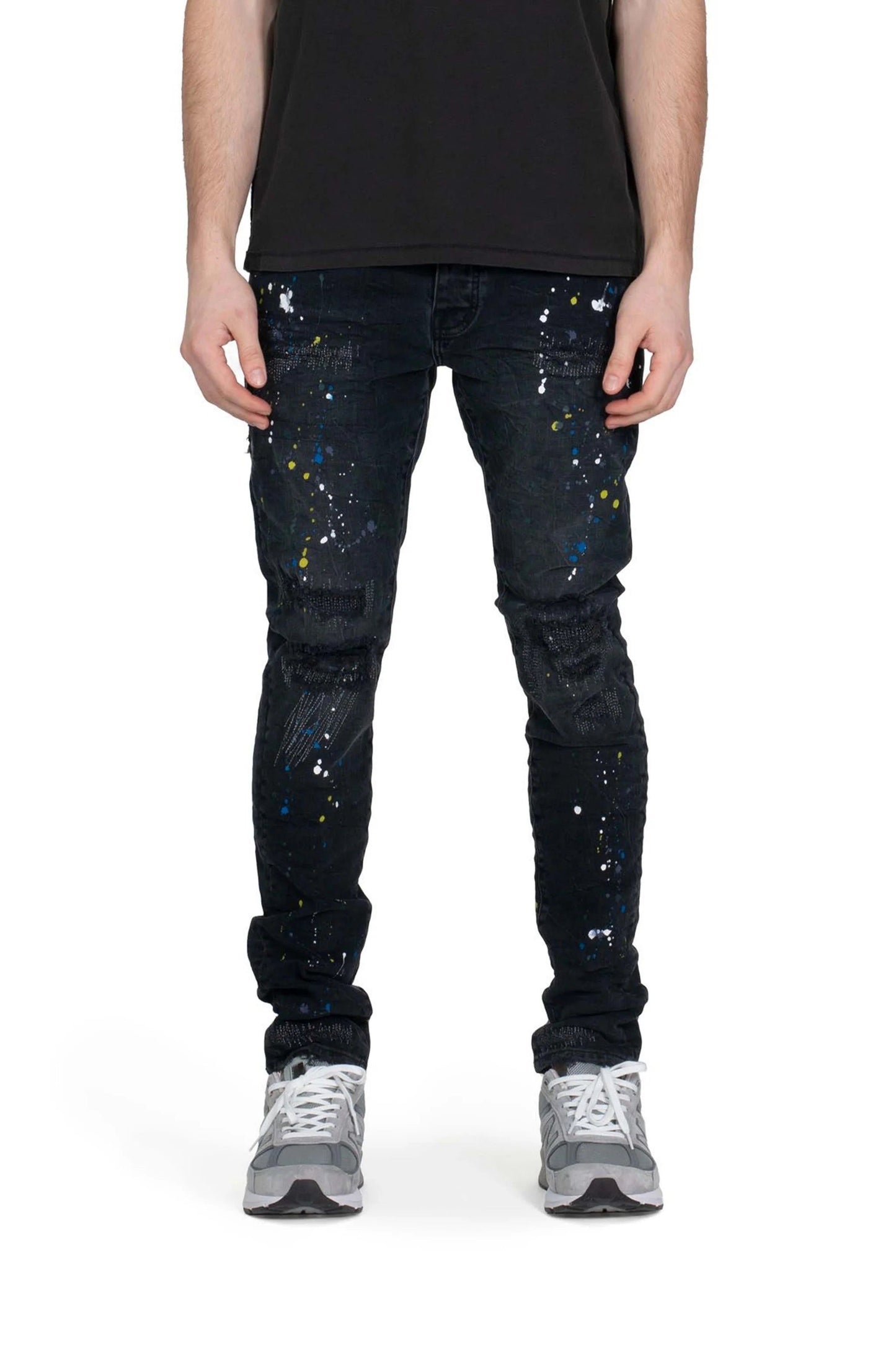 PURPLE JEANS P001 LOW RISE SKINNY JEAN - Black Reflective Repair With Paint