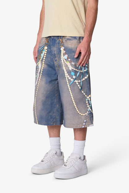 Ultra Baggy Chain Printed Denim Shorts - Light Blue