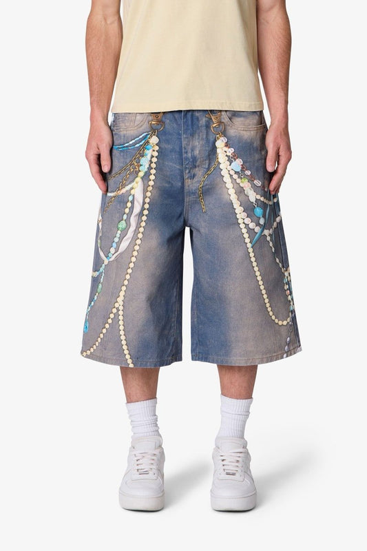 Ultra Baggy Chain Printed Denim Shorts - Light Blue