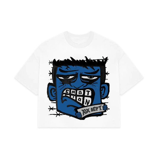 MIXED EMOTION Blue “Monster” Cropped Tee