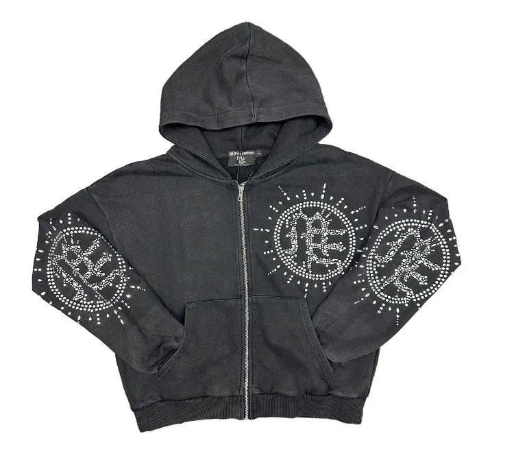 Mixed Emotion Eclipse’ Grey Acid Wash Rhinestone Hoodie