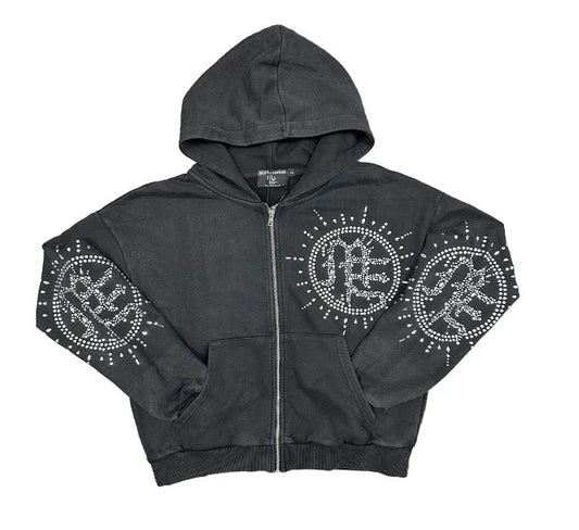 Mixed Emotion Eclipse’ Grey Acid Wash Rhinestone Hoodie
